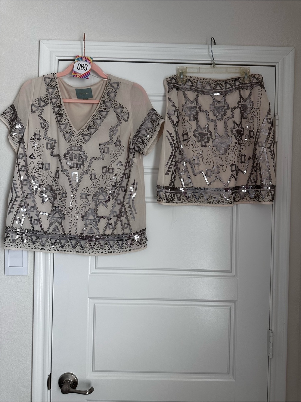 Women’s Beige Beaded Sequin Top & Skirt Two Piece Set